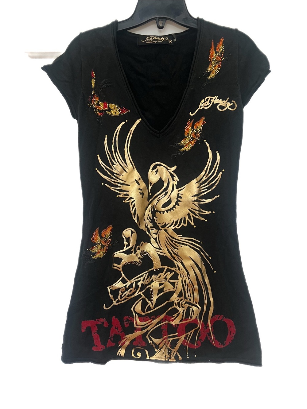 Ed Hardy black and gold” Tattoo” top in medium